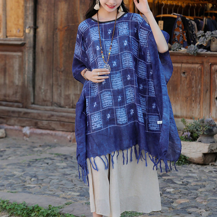 Buddha Stones Blue Color Block Plaid Shawl Tassels Soft Pullover 90*95cm