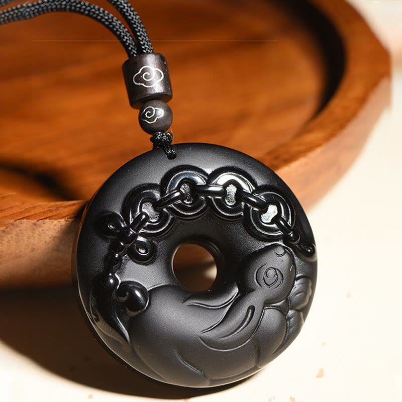 Buddha Stones Chinese Zodiac Natural Black Obsidian Peace Buckle Strength Necklace Pendant - image 3
