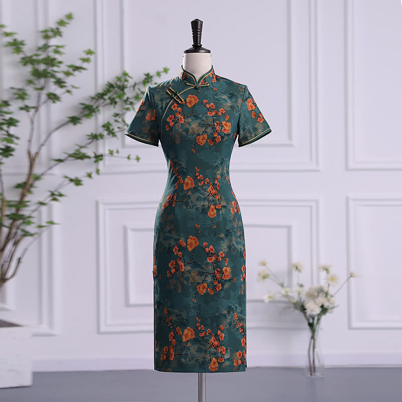 Buddha Stones Retro Flower Lotus Peony Feather Print Qipao Dress Women's Cheongsam Dress - Green Flower - US16，UK/AU20，EU48 (5XL) - image 0