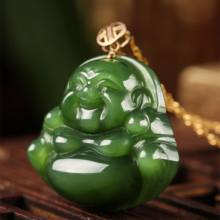 925 Sterling Silver Laughing Buddha Hetian Cyan Jade 18K Gold Success Necklace Chain Pendant - image 6