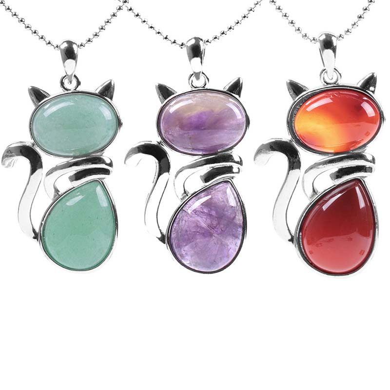 Buddha Stones Cat Pattern Natural Crystal Protection Necklace Pendant - image 1