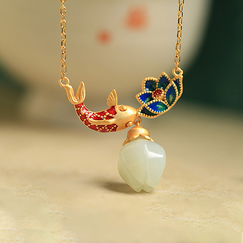 Buddha Stones 925 Sterling Silver White Jade Koi Fish Lotus Protection Necklace Pendant - image 2