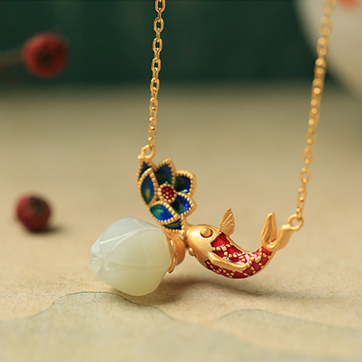 Buddha Stones 925 Sterling Silver White Jade Koi Fish Lotus Protection Necklace Pendant - image 3