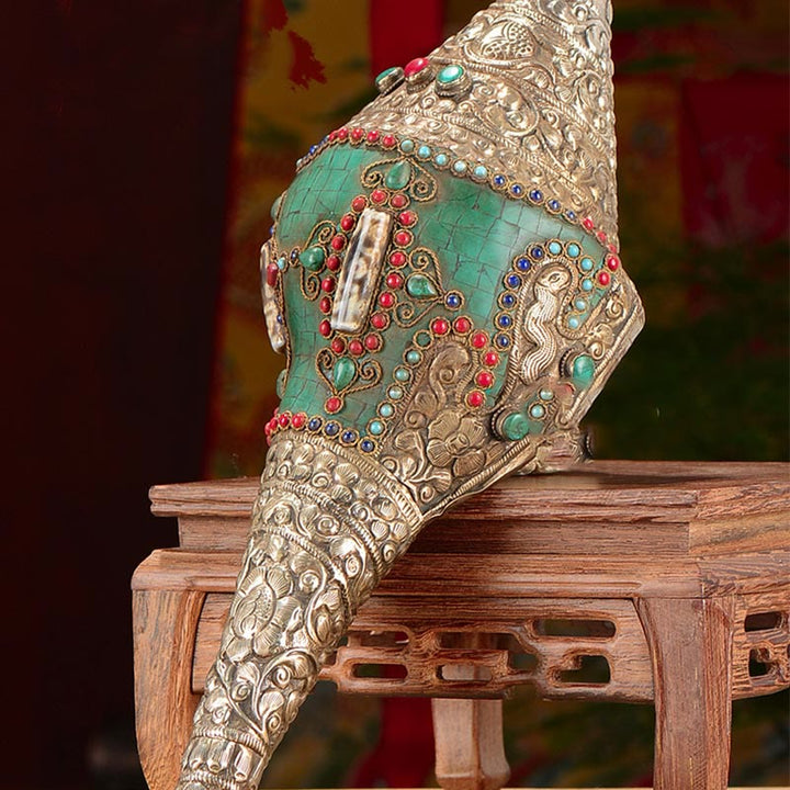 Tibetan Handmade Engraved Shankha Double Dorje Buddha Conch Shell Wealth Positive Decoration - image 4
