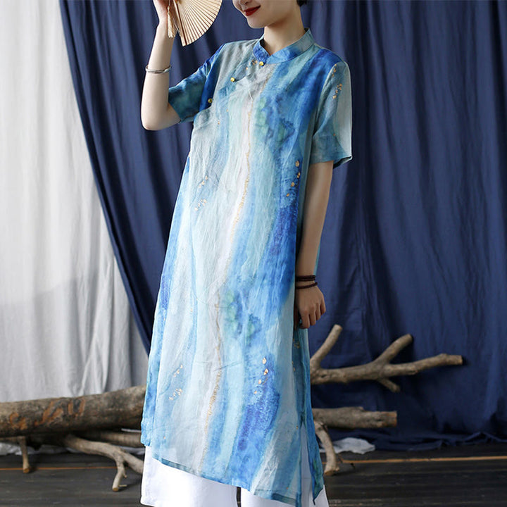 Buddha Stones Ramie Blue Digital Printing Cheongsam Dresses Short Sleeve Linen Dress