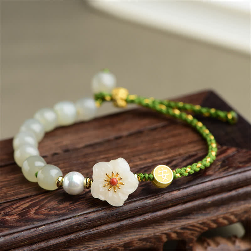 925 Sterling Silver Natural Hetian Jade Peach Blossom Luck Bracelet - Hetian Jade(Prosperity♥Abundance) - image 0
