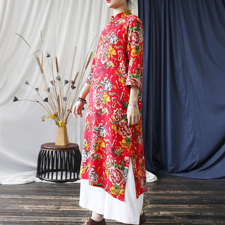 Buddha Stones Red Blue Peony Midi Dress Half Sleeve Cotton Linen Dress Wide Leg Pants With Pockets