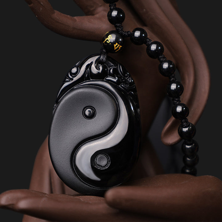 Buddha Stones Natural Black Obsidian Yin Yang Fulfilment Strength Necklace Pendant