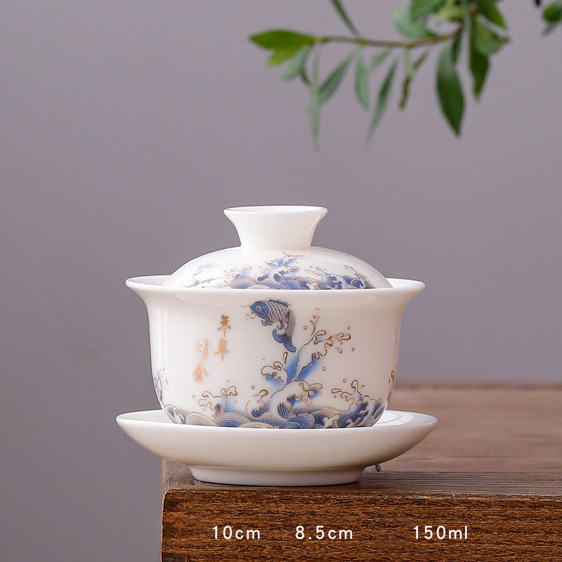 Buddha Stones White Porcelain Mountain Landscape Countryside Ceramic Gaiwan Teacup Kung Fu Tea Cup And Saucer With Lid