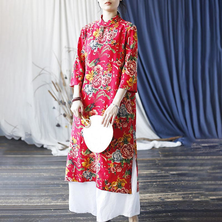 Buddha Stones Red Blue Peony Midi Dress Half Sleeve Cotton Linen Dress Wide Leg Pants With Pockets