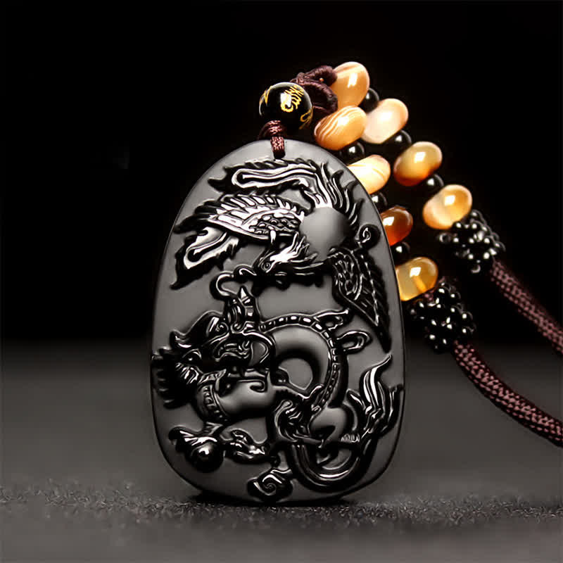 Black Obsidian Tiger Eye Dragon Phoenix Protection Beaded Necklace Pendant - image 1
