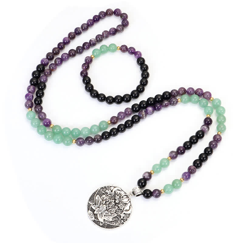 Buddha Stones 108 Mala Beads Amethyst Green Aventurine Lotus Meditation Bracelet - image 11