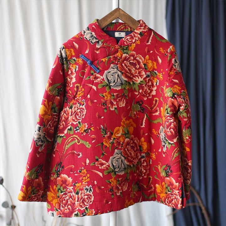 Buddha Stones Flowers Cotton Linen Jacket Shirt Chinese Northeast Style Winter Clothing