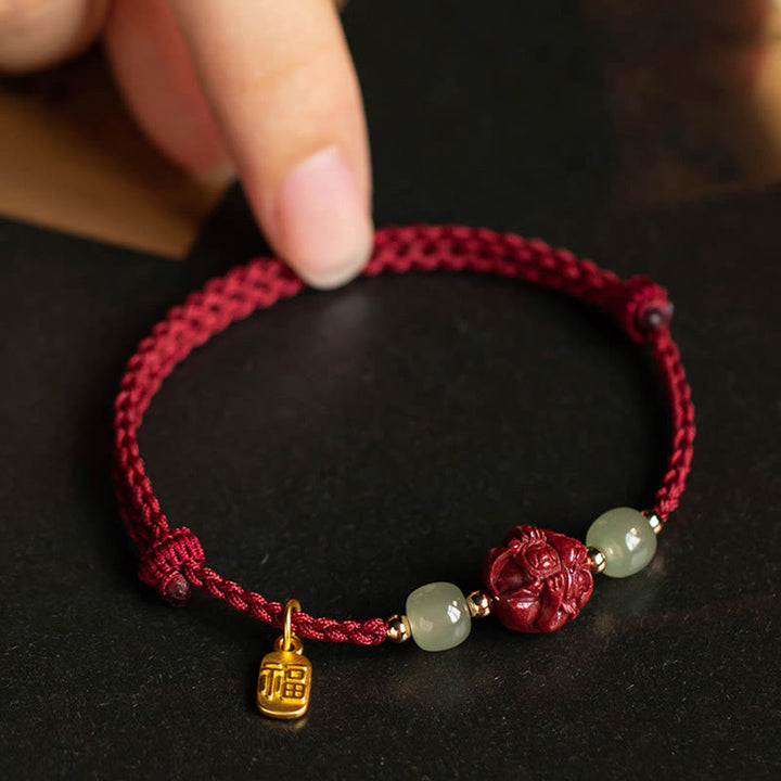 Buddha Stones Natural Cinnabar Chinese Zodiac Hetian Jade Fu Character Luck Rope Bracelet