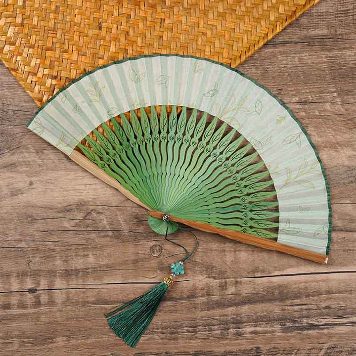 Buddha Stones Green Leaves Handheld Silk Bamboo Folding Fan