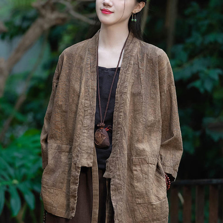 Buddha Stones Hanfu Design Three Quarter Sleeve Ramie Linen Coat Open Front Top Jacket