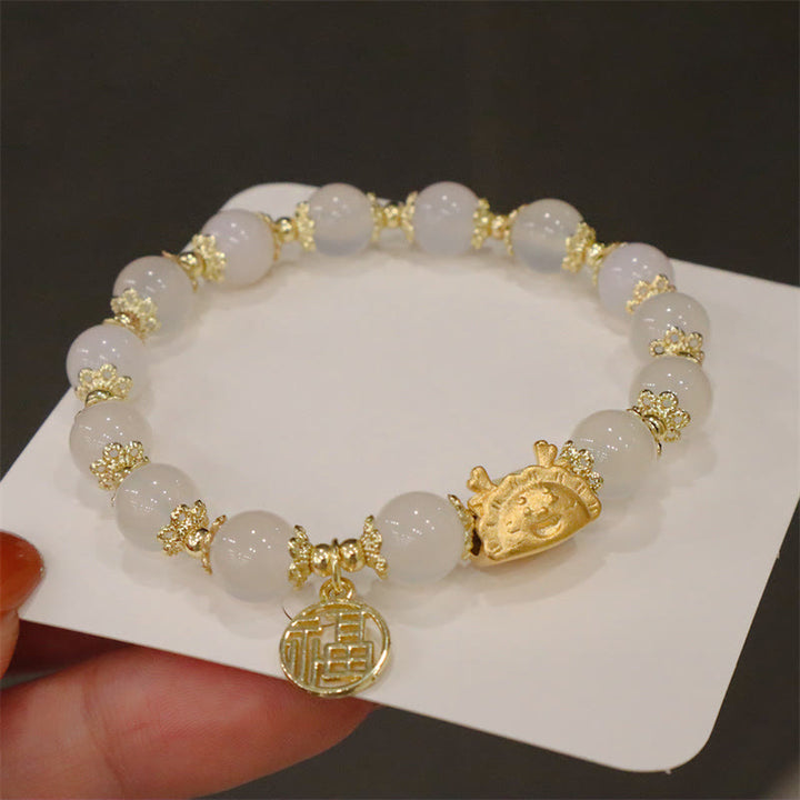 Buddha Stones Year Of The Dragon Red Agate Strawberry Quartz Black Obsidian Jade Garnet Pearl Cinnabar Dumpling Dragon Luck Fu Character Bracelet - White Agate(Wrist Circumference 14-19cm) - image 7