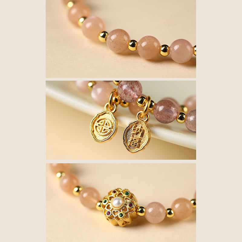 Buddha Stones 14K Gold Plated Natural Strawberry Quartz Labradorite Sun Stone Fu Character Positive Charm Bracelet - image 15