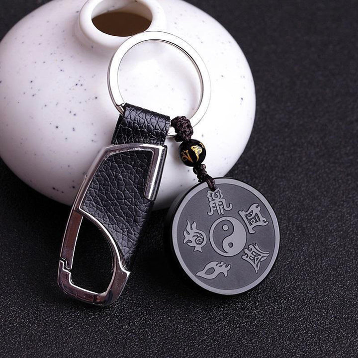 Buddha Stones Natural Black Obsidian Taoism Five Sacred Mountains Nine-Character Mantra Carved Strength Yin Yang Necklace Pendant Key Chain - Black Obsidian&Key Chain - image 8