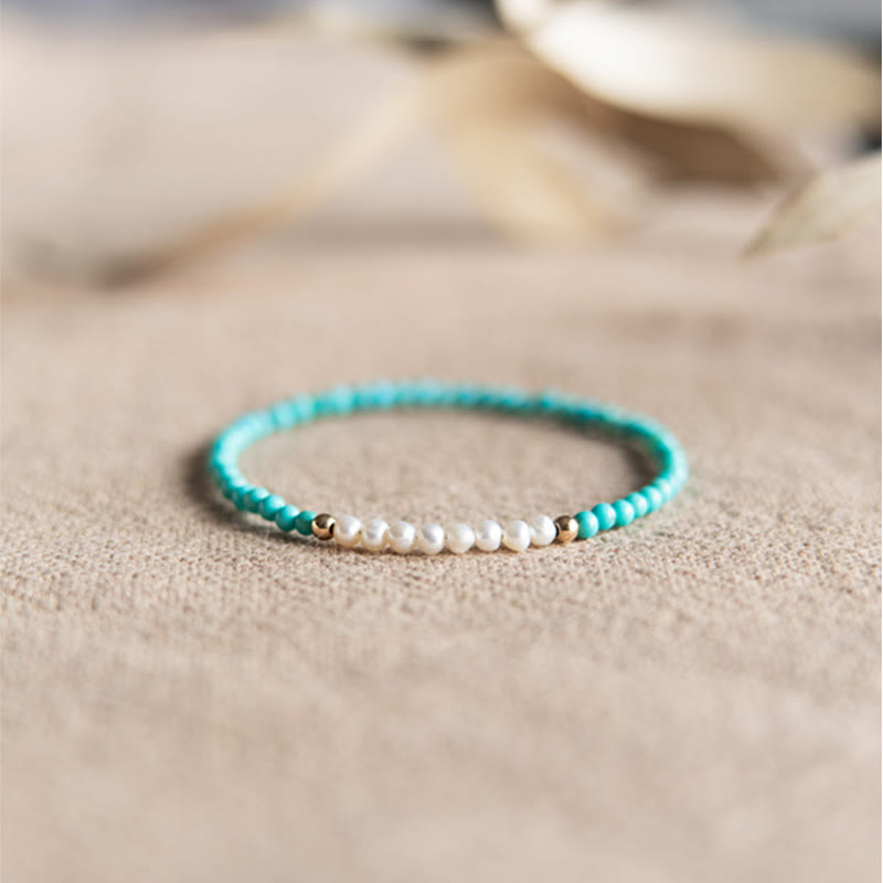Buddha Stones 925 Sterling Silver Natural Turquoise Pearl Beaded Bracelet - image 5