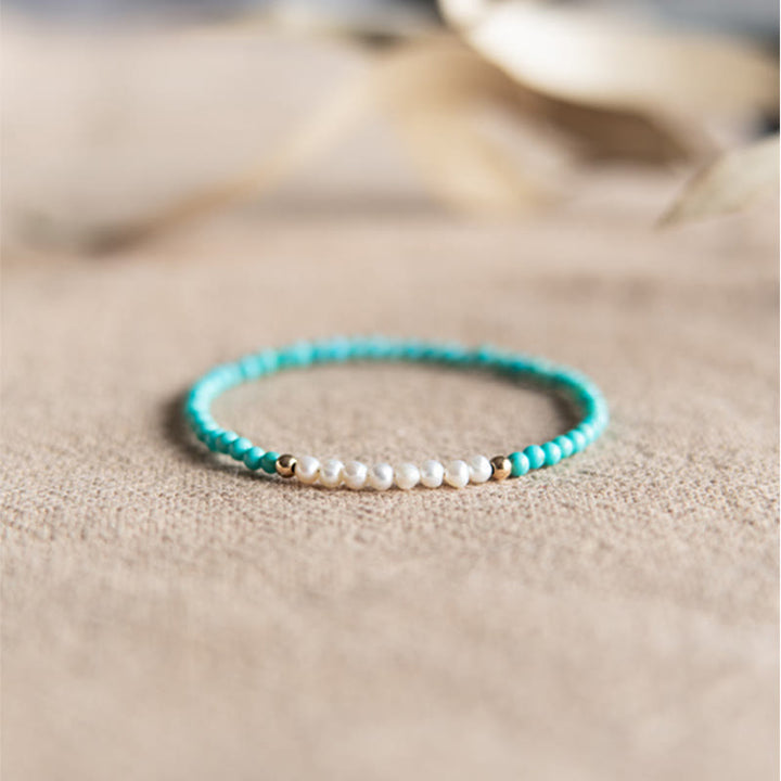 Buddha Stones 925 Sterling Silver Natural Turquoise Pearl Beaded Bracelet - image 5