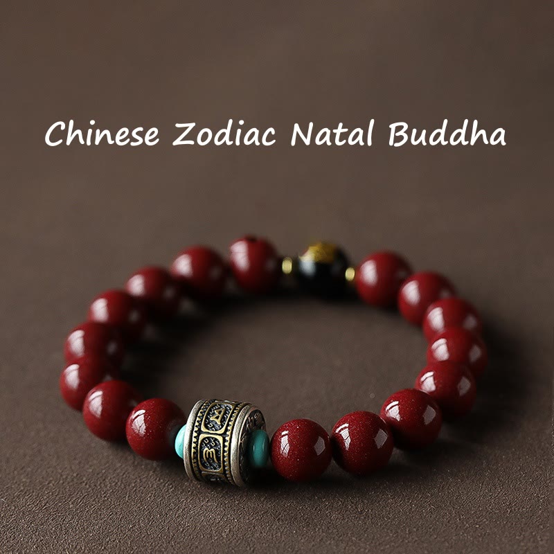 Buddha Stones 925 Sterling Silver Chinese Zodiac Natal Buddha Cinnabar Om Mani Padme Hum Calm Bracelet - Dog/Pig-Amitabha Buddha - 12mm - image 0