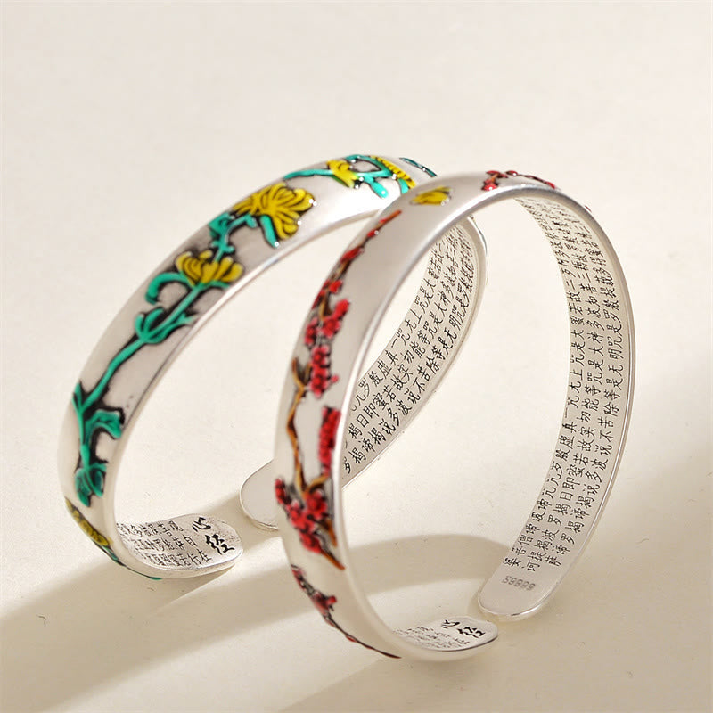 Buddha Stones Plum Blossom Chrysanthemum Flower Design Heart Sutra Healing Bracelet Cuff Bangle - image 2