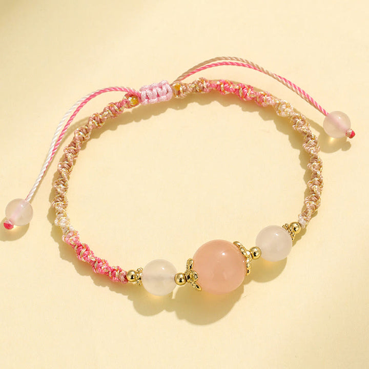 Buddha Stones Strawberry Quartz Pink Crystal Prehnite White Agate Bead Healing Rope Bracelet