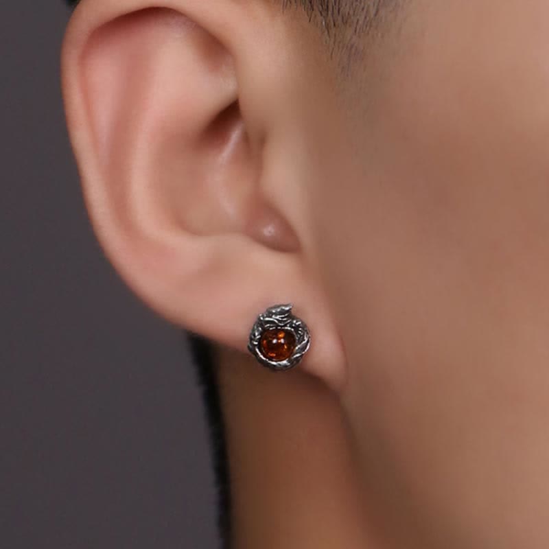 925 Sterling Silver Natural Amber Dragon Success Protection Stud Earring - image 5