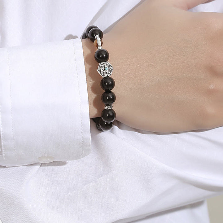 Buddha Stones 925 Sterling Silver Black Obsidian Tiger Eye Eye of Providence Purification Bracelet - image 8