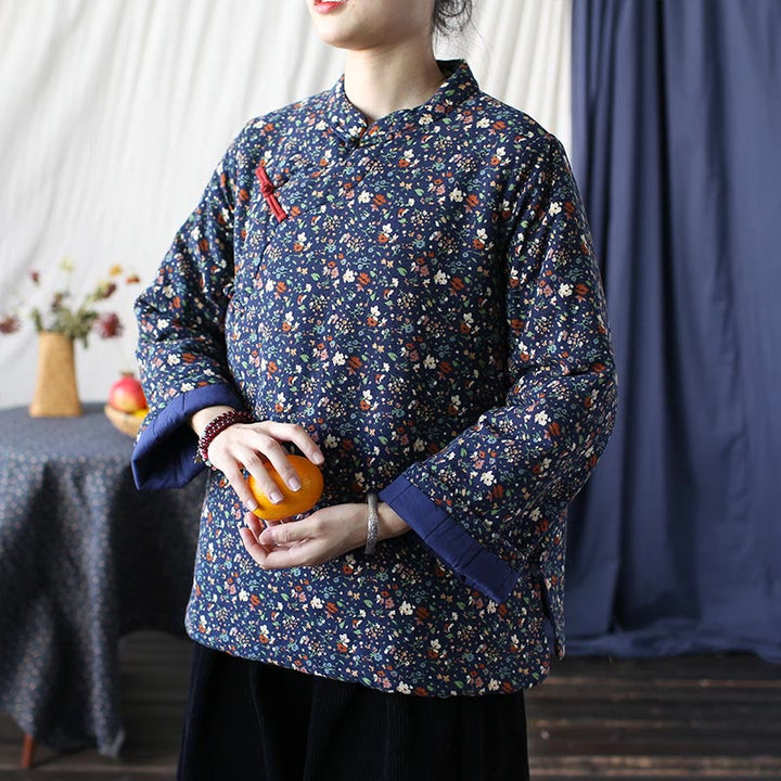 Buddha Stones Flowers Cotton Linen Jacket Shirt Chinese Northeast Style Winter Clothing