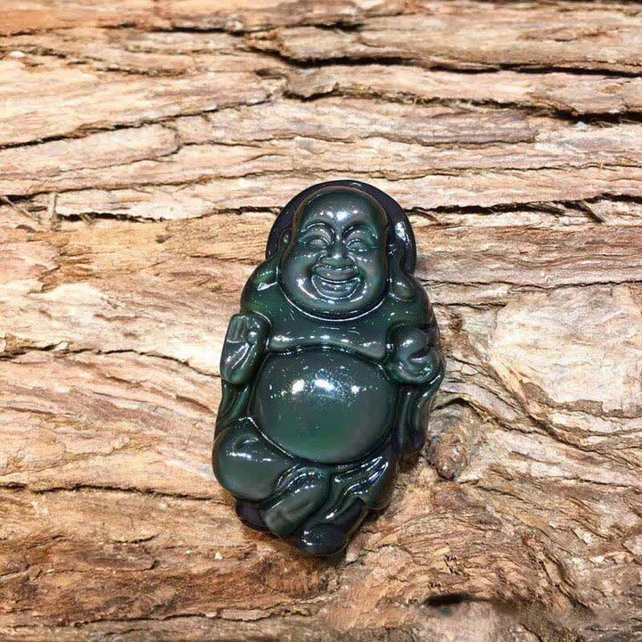 Natural Rainbow Obsidian Laughing Buddha Inner Peace Necklace Pendant