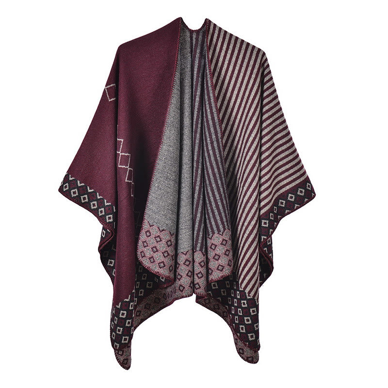 Tibetan Shawl Striped Diamond Pattern Winter Warm Soft Scarf - Dark Red Gray - image 22