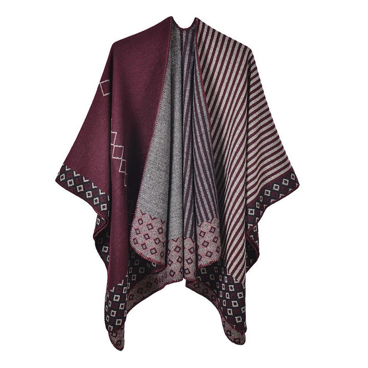 Tibetan Shawl Striped Diamond Pattern Winter Warm Soft Scarf - Dark Red Gray - image 22