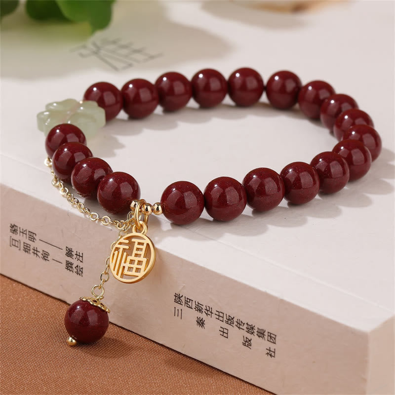 Buddha Stones Cinnabar Fu Character Hetian Jade Lucky Four Leaf Clover Blessing Bracelet - image 3
