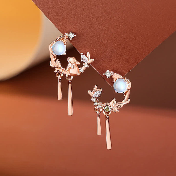 925 Sterling Silver Year of the Rabbit Moonstone Moon Flower Pattern Necklace Pendant Bracelet Earrings - Earrings - Rose Gold - image 8