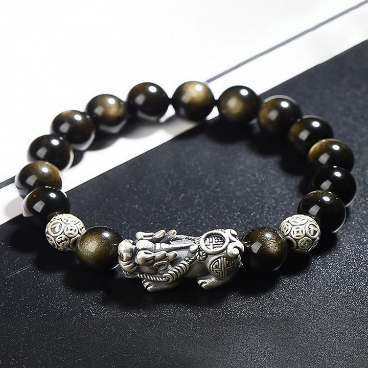 Buddha Stones 925 Sterling Silver Natural Gold Sheen Obsidian PiXiu Wealth Protection Bracelet - image 1