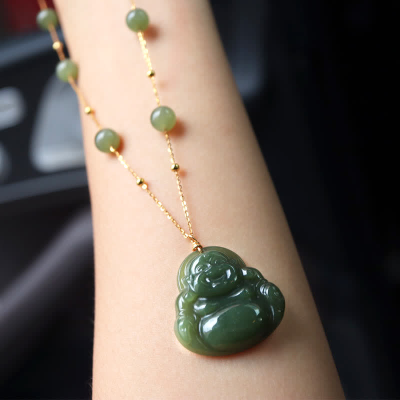 Laughing Buddha Hetian Jade Luck Necklace Bead Chain Pendant - image 3