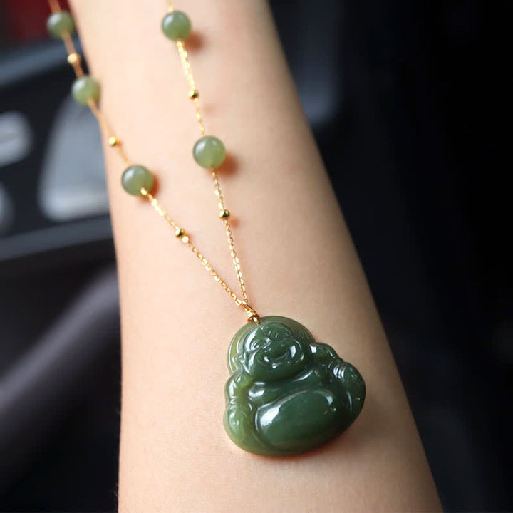 Laughing Buddha Hetian Jade Luck Necklace Bead Chain Pendant - image 3