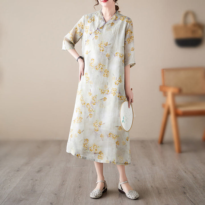 Buddha Stones Yellow Flowers Print Cheongsam Midi Dress Cotton Linen Half Sleeve Dress With Pockets