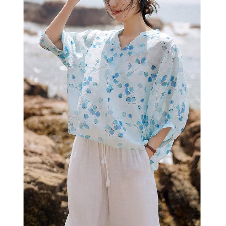 Buddha Stones Fruits Leaves Pattern Lantern Sleeve Top Loose Tee T-shirt