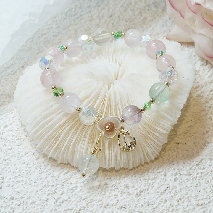 Buddha Stones Strawberry Quartz Rutilated Quartz Fluorite Flower Healing Bracelet