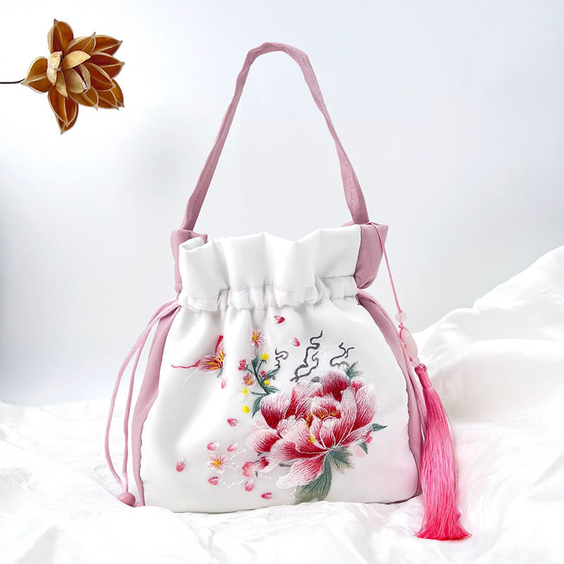 Buddha Stones Suzhou Embroidery Rabbit Lotus Epiphyllum Peony Magnolia Silk Tote Crossbody Bag Shoulder Bag Handbag