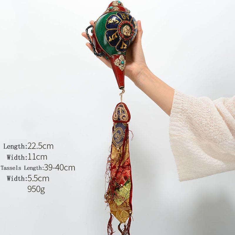 Tibetan Handmade Shankha Om Mani Padme Hum Buddha Avalokitesvara Turquoise Conch Shell Positive Decoration - Om Mani Padme Hum-Amoghasiddhi Buddha 22.5*11cm - image 21