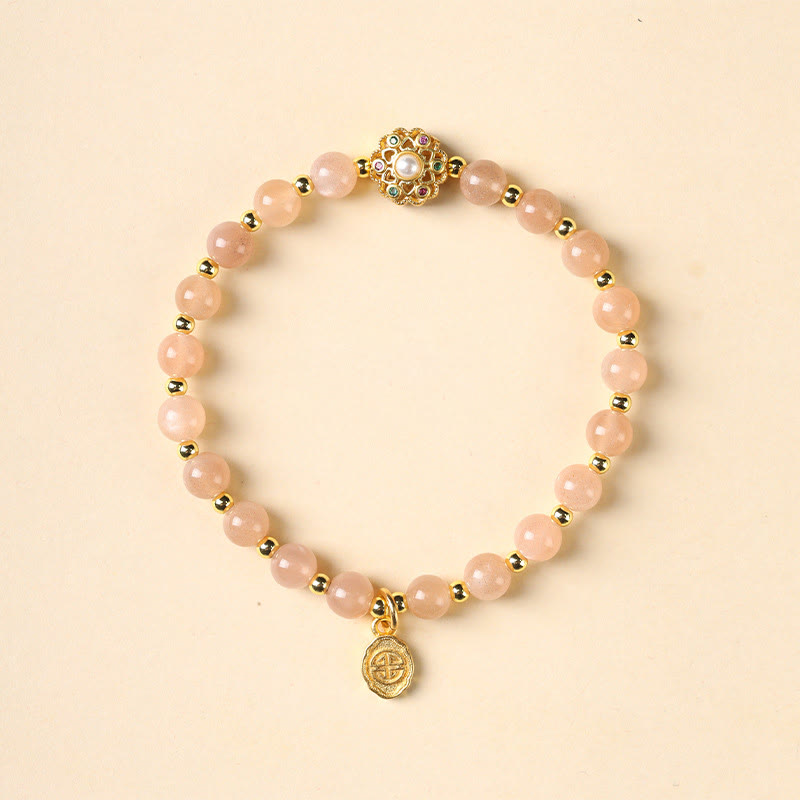 Buddha Stones 14K Gold Plated Natural Strawberry Quartz Labradorite Sun Stone Fu Character Positive Charm Bracelet - Sun Stone(Wrist Circumference 15-16cm) - image 12