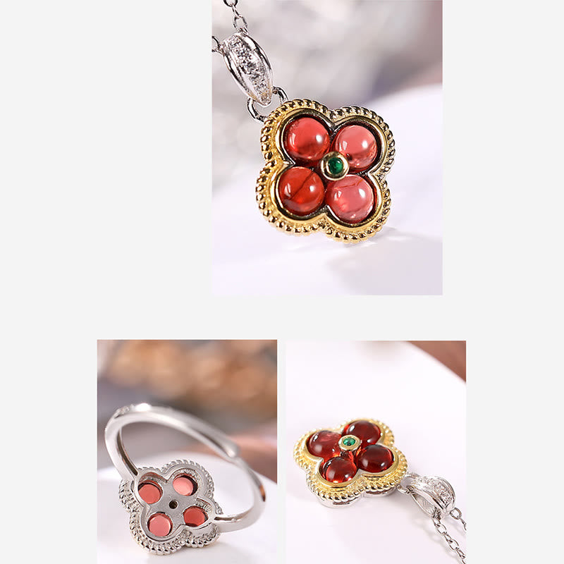 Buddha Stones 925 Sterling Silver Natural Garnet Four-leaf Clover Protection Necklace Pendant Ring