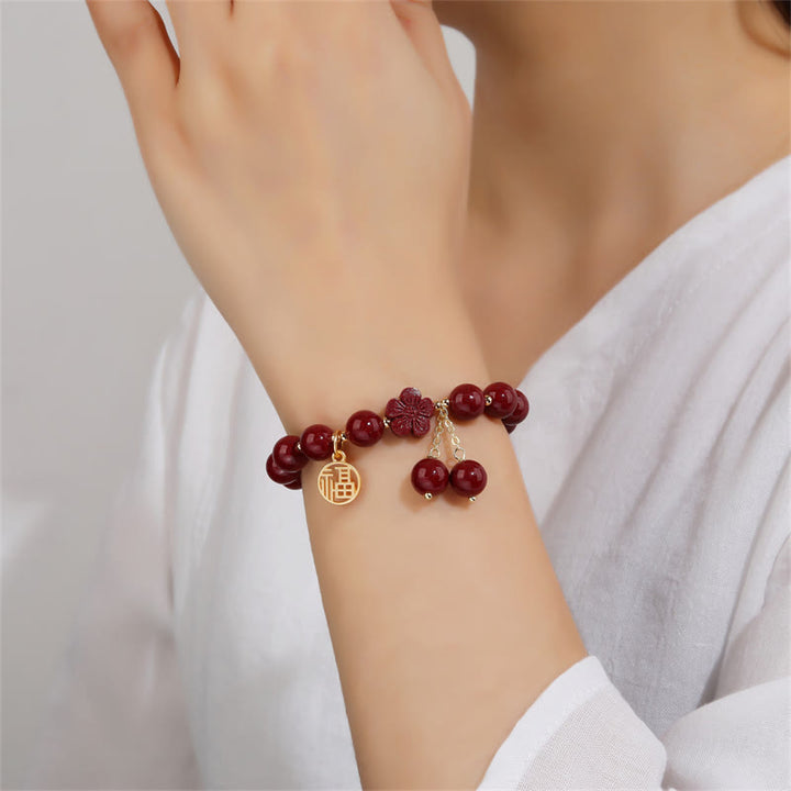 Buddha Stones Cinnabar Fu Character Cherry Blossom Blessing Bracelet - image 2