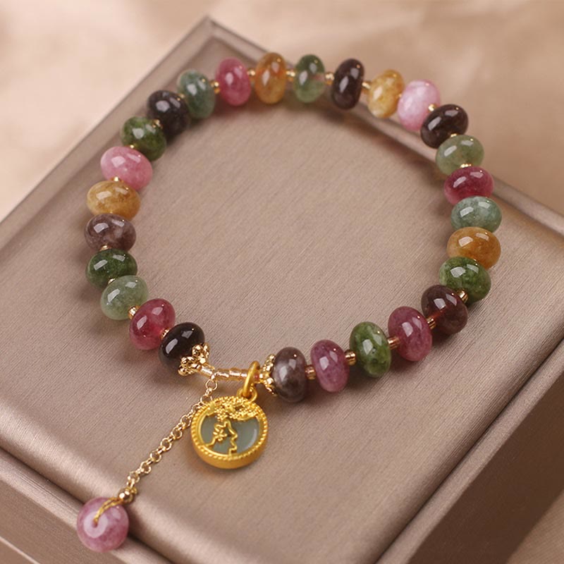 Buddha Stones Colorful Tourmaline Cute Flower Rabbit Charm Love Bracelet