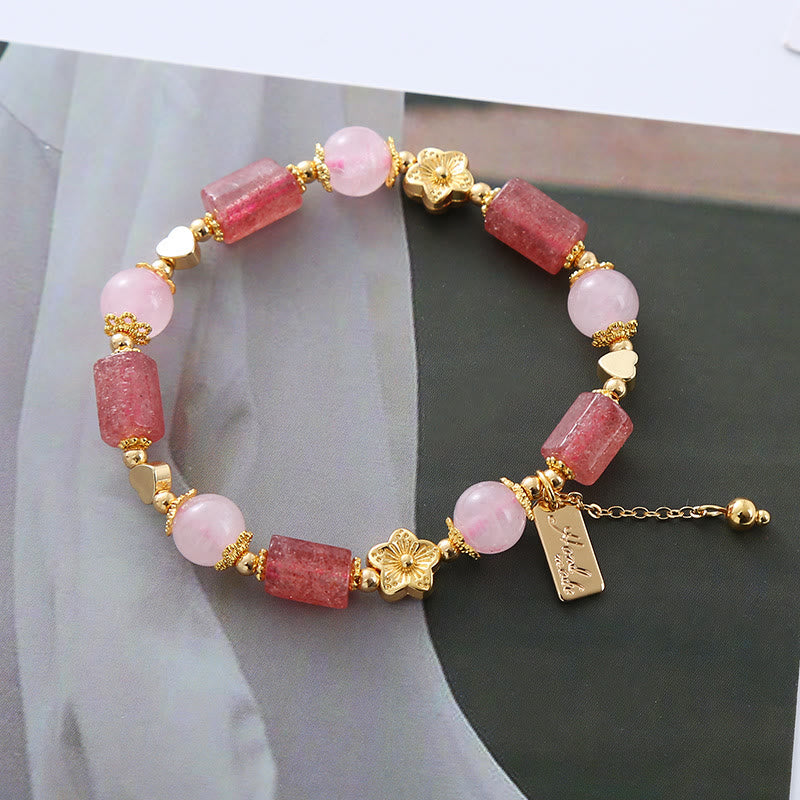 Buddha Stones Strawberry Quartz Pink Crystal Love Heart Flower Positive Bracelet - Strawberry Quartz&Pink Crystal(Wrist Circumference 14-16cm) - image 0