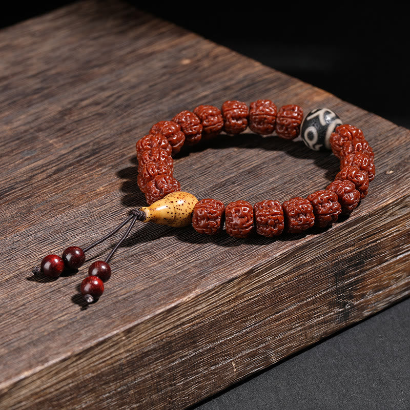 Buddha Stones Tibet Rudraksha Bodhi Seed Dzi Bead Lucky Cat Dancing Lion Wealth Bracelet Wrist Mala